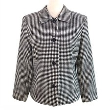 Vintage 1990 s Talbots Houndstooth Blazer Black White Wool Blend Size 8