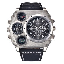 Oulm Watches for Men Dual Time Zone Army Pilot Watch Leather Strap Wristwatch