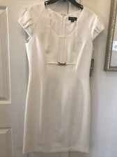 Tahari Ivory White Ruched Cap-Sleeve Cocktail Shift Sweetheart Neck Dress 8 NWT