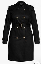 City Chic Nwt 12 Black Kennedy Women's Elegant Trench Coat Belted Cotton