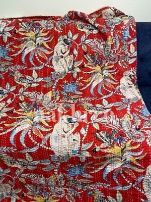 Red Monkey Jungle Kantha Quilt King Size Pure Cotton Throw Blanket Bedspread