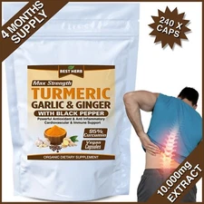 240 CAPSULES TURMERIC GINGER GARLIC BLACK PEPPER PIPERINE CURCUMIN TUMERIC PILLS