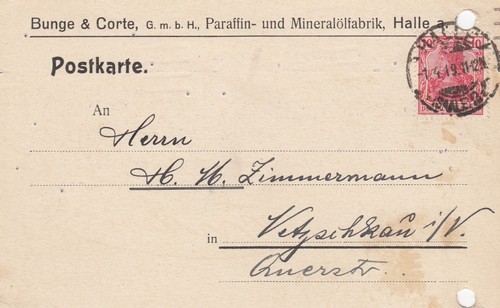 HALLE/SAALE, Postkarte 1919, Bunge & Corte GmbH Paraffin-Mineralöl-Fabrik