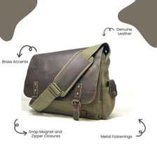 R&R Leather: Genuine Leather and Canvas Laptop Messenger Bag - Olive Green