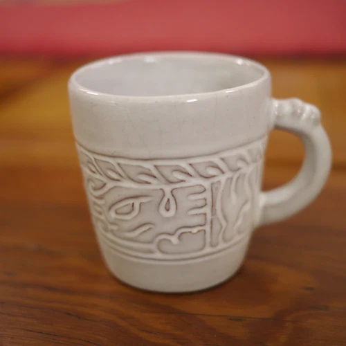 Vintage Mid Century Frankoma Terra Cotta White Glazed Aztec Mayan Coffee Mug
