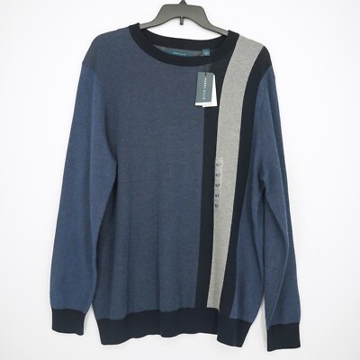 Perry Ellis Mens Pullover Sweater XLT Big Blue Gray Stripe Round Neck NWT 