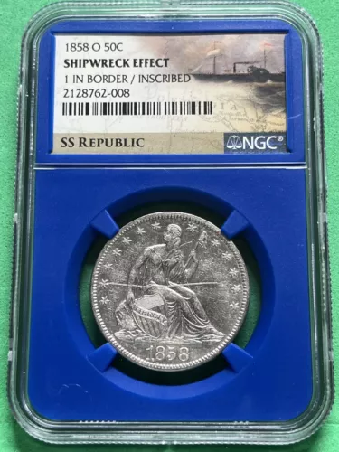 1858 O Liberty Seated 50C NGC Shipwreck SS Republic.  1 In Border/Inscribed