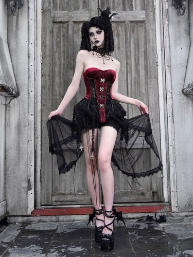 Blood Supply Gothic Black and Wine Red Birdcage Skirt and Bustier Corset Set