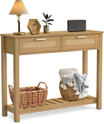 Rattan Console Table Modern Entryway Table Narrow Foyer Sofa Tables  2 Drawers