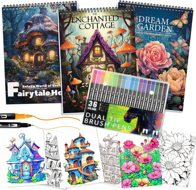 3Pcs Adult Coloring Book for Women Relaxation, 36 Colors Markers with Spiral Bou