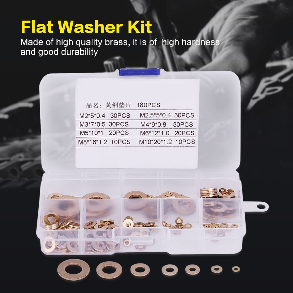Brass Flat Washer Assortment Set 180pcs 8 Sizes In Storage Box For Repairs