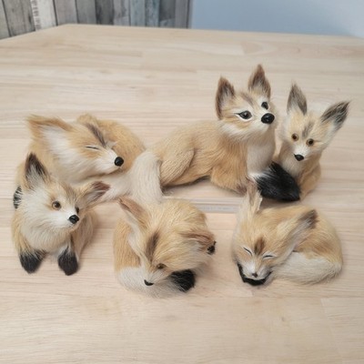 Vintage Goat Fur Fox Figurine Collection Set  6 Sleeping Standing Woodland Decor