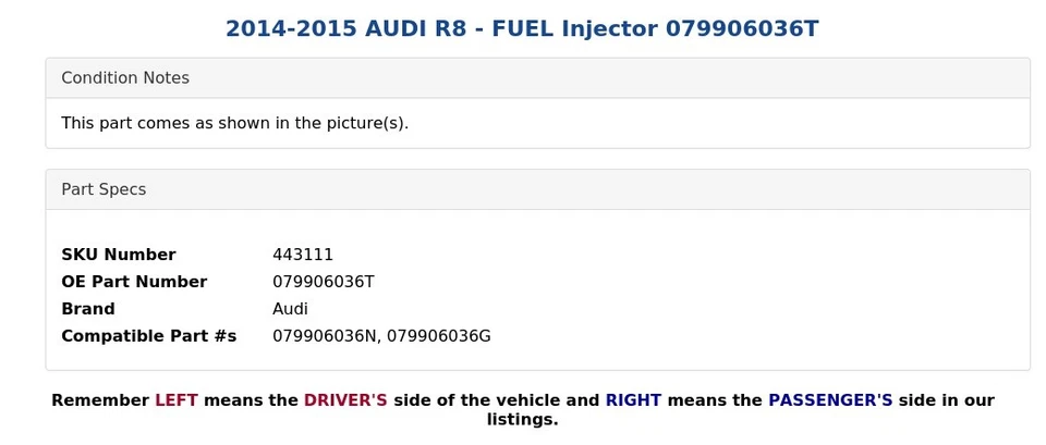 AUDI R8 2014-2015 - Inyector de combustible 079906036T Foto 3 de 4