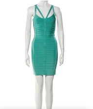 Herve Leger V-Neck Mini Dress Teal/Turquoise | Size: S