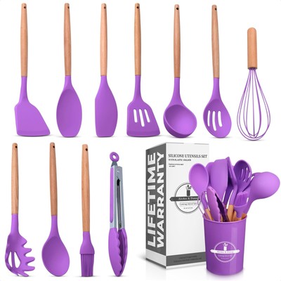 12 Pcs Purple Kitchen Utensils Set with Holder   Versatile Silicone Utensils ...