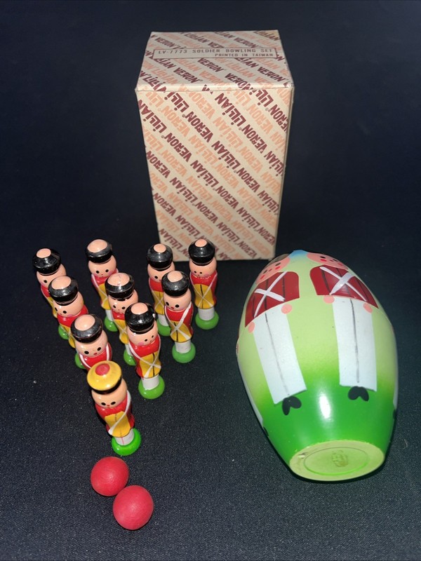 Small Wood Soldier Bowling Set-in Egg-Shaped Container With Original Box