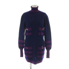 Chanel Knit Dress Long Sleeve High Neck Gold Button 40 Purple Navy Women's