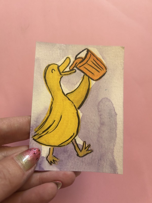 Aceo Original Painting Orange Juice Drinking Duck- Cute Animal Sawyer Crane Art