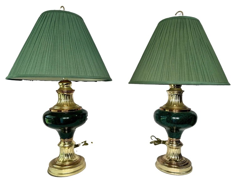 VTG 90s Post Modern Green Lamp Pair Faux Marble Brass Orig Pleated Green Shade