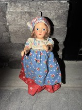 Vintage Girl Doll Blue Eyes Brown Wavy Hair Floral Dress Bonnet