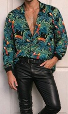 Low V Parrot Jungle Print Scrub Top Fits L-2X Made USA Tropical Macaw Shirt Vtg