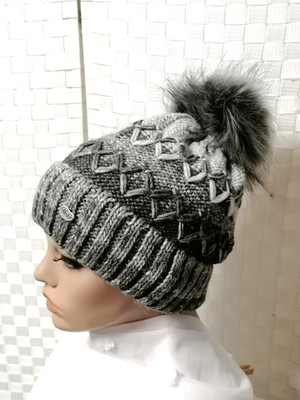 Kunstfell Bommel Pompon Mütze Strick grau  Strickmütze Damen Herren Neu