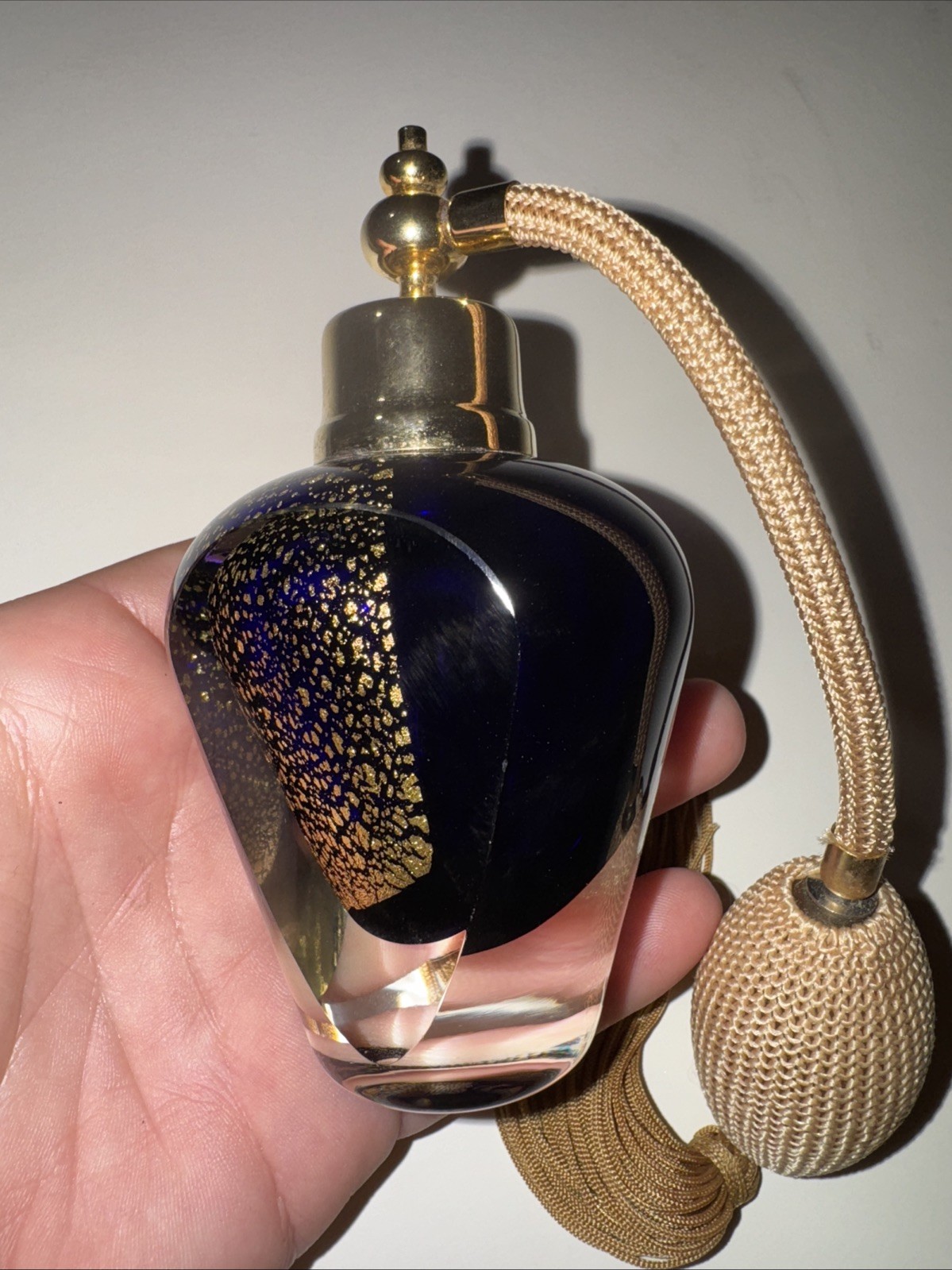 ✨Vintage Atomizer Perfume Bottle Cobalt Blue Glass Gold Flecks✨
