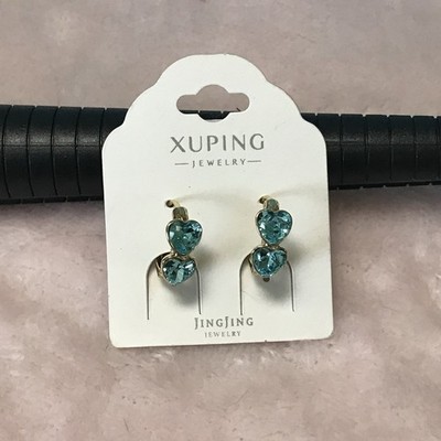 Xuping Jewelry Gold Double Heart Blue Crystal Earrings New