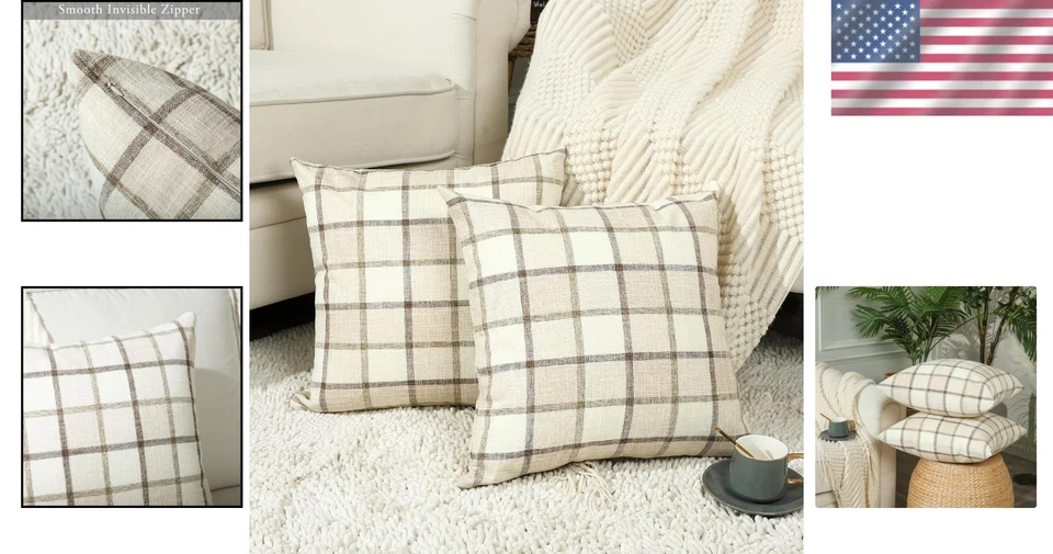 20x20 Inch Linen Autumn Pillow Covers - Set of 2 Rustic Buffalo Check - Image 2 of 4