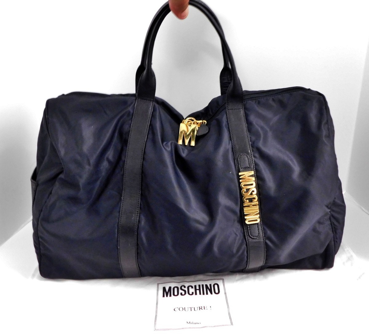 Moschino Redwall Italy Black Nylon Leather Block Leather Duffle