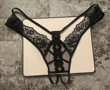 NWT VICTORIA'S SECRET BLACK LACE MESH STRAPPY GOLD RING CROTCHLESS THONG PANTIES