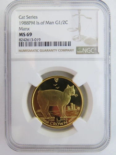 1988 1/2 oz Gold Crown Isle of Man Manx Cat NGC MS69 Elizabeth II 1st year issue