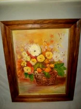 1960s FLORAL OIL PAINTING NAIVE COUNTRY FLOWER BASKET WOOD FRAME MID CENTURY