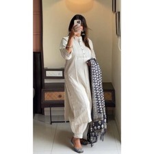 Designer White Cotton Printed Kurti Pant Set Khadi Silk Dupatta Ethinic Wear