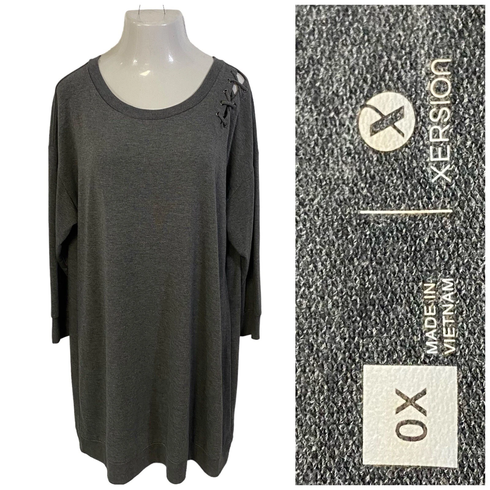 VETEMENTS Xersion Dress Womens Sz X 14W Athleisure Gray Grommet Lattice Shoulder Knit Cozy