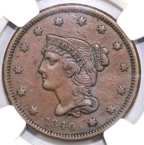 1840 1c N-3 Small Date Braided Hair Large Cent NGC XF Details Damaged