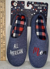ALL AMERICAN MOM New Slippers Medium Family Slides House Shoes Hard Soles Blue