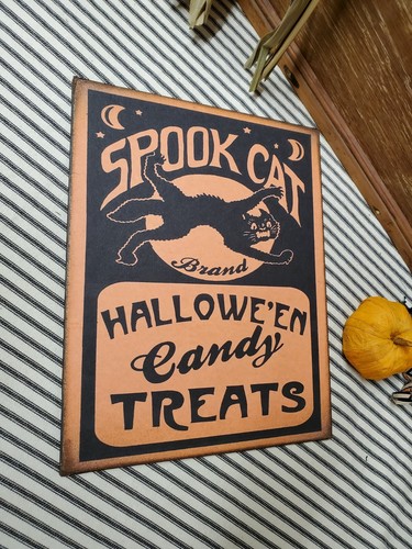 PRIMITIVE VINTAGE FOLK ART VICTORIAN STYLE SPOOKY CAT HALLOWEEN CANDY TREAT SIGN - Picture 6 of 8