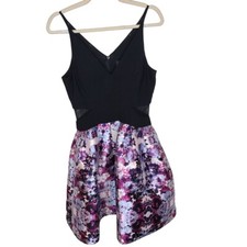 Xscape Womens 6 Black Purple Floral Mesh Side Sleeveless A-Line Mini Dress