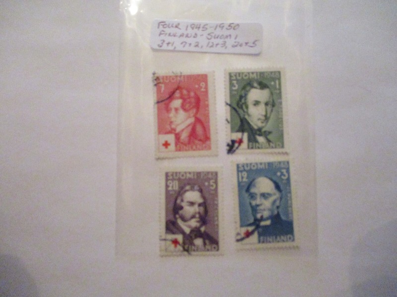 Four 1945-1950 Finland-Suomi Postage Stamps - 3+1, 7+2, 12+3, 20+5 Denomination