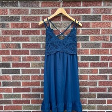 Feager Teal Blue Crochet Lace Floral Spaghetti Strap Smocked Flounce Dress