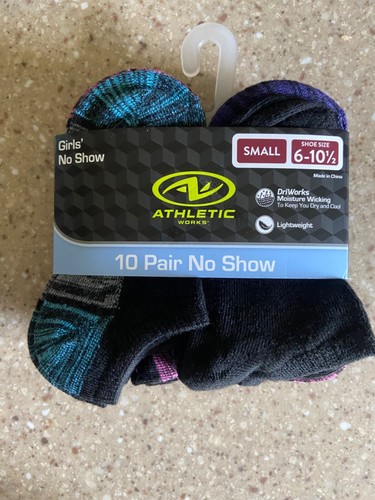 Athletic Works Girls No Show Socks 10 Pair Multicolor,Size Small (6-10.5).