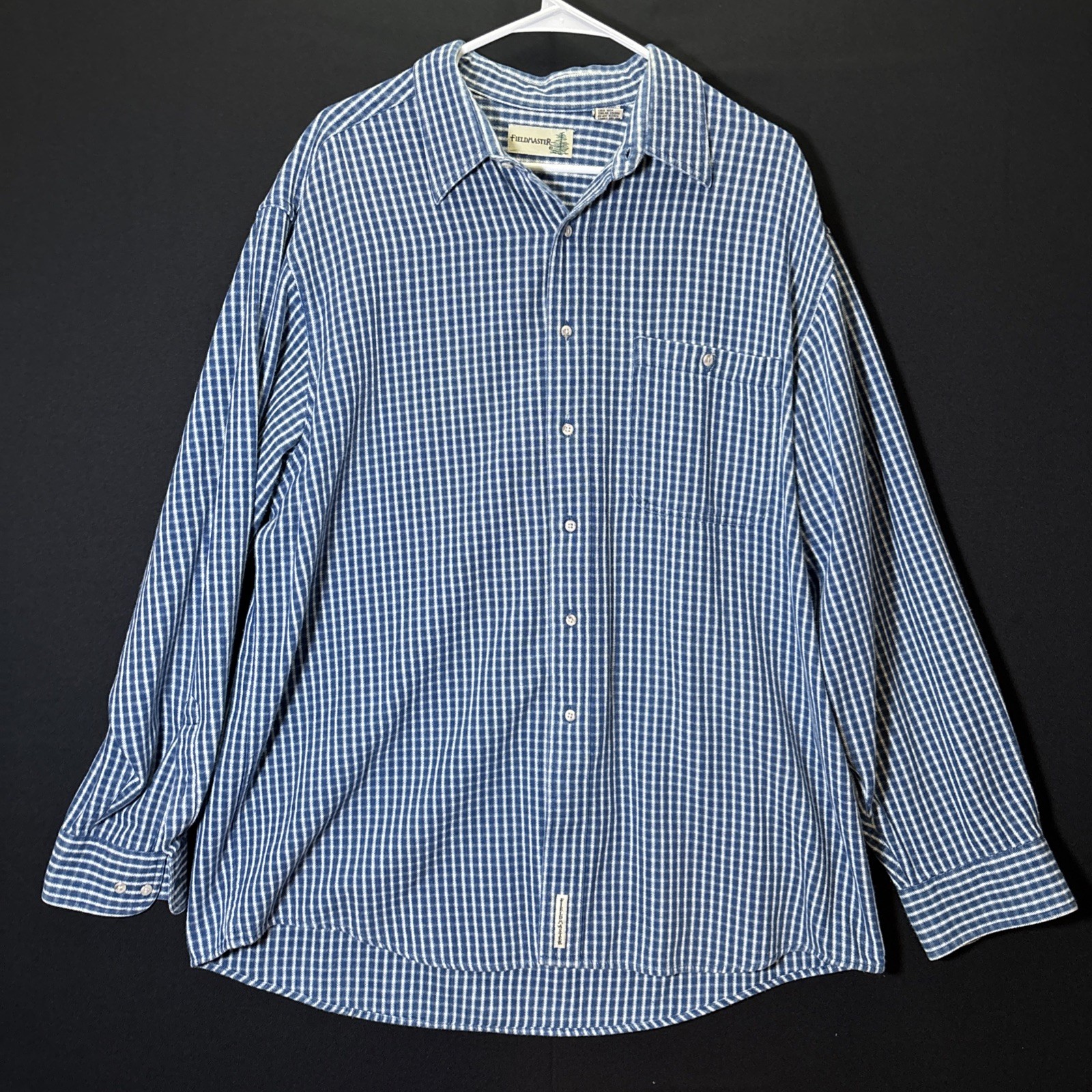 FIELDMASTER Long Sleeve Button Down Shirt Men Size XL Blue White Plaid Vintage