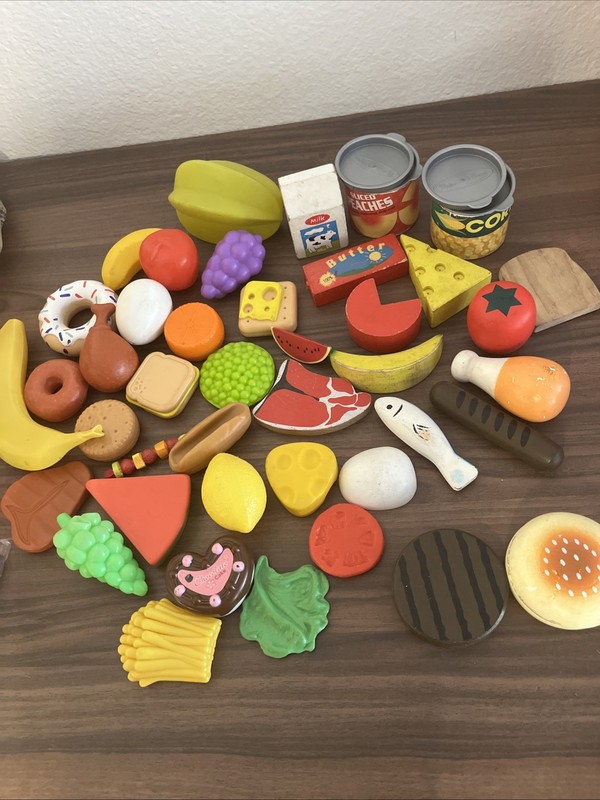 Large 40 Pieces Lot Plastic Wood Kids Pretend Play Food Kitchen Dishes