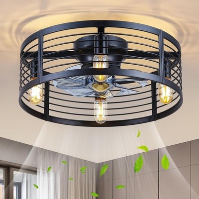 Farmhouse Ceiling Fan 20 inch Black Caged Ceiling Fans with Light,Remote Control