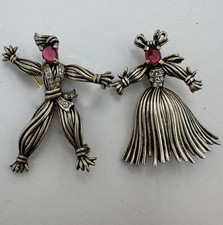 VINTAGE TRIFARI STERLING SILVER RHINESTONE BOY GIRL RAG DOLL BROOCH PAIR
