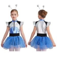 Kids Girls Bodysuit Halloween Costume 2 Piece Set Metallic Jumpsuit Spangles