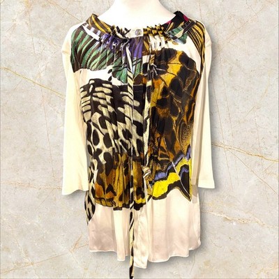 Roberto Cavalli Silk Print Sheer Top Animal Butterfly Ivory Y2K | M