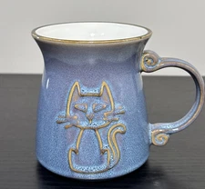 La Rochelle Denim Blue Drip Glaze Kitty Cat Coffee Mug Ceramic Pottery  Embossed
