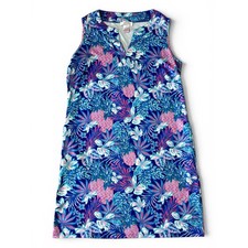 Stella Parker  Blue Pink Pineapple Tropical Floral V-Neck Shift Dress Sz-Medium